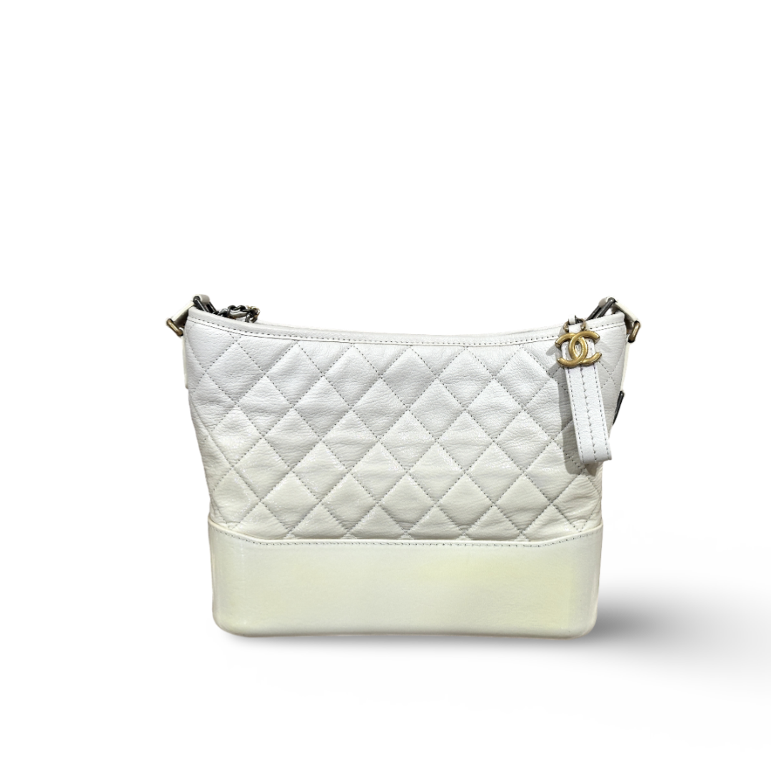 Chanel Patent Goatskin Quilted Medium Gabrielle Hobo White Bag