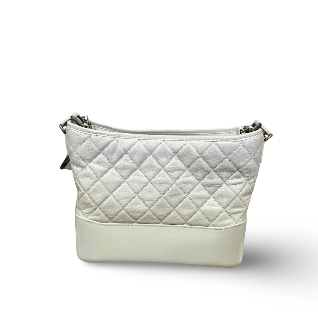 Chanel Patent Goatskin Quilted Medium Gabrielle Hobo White Bag