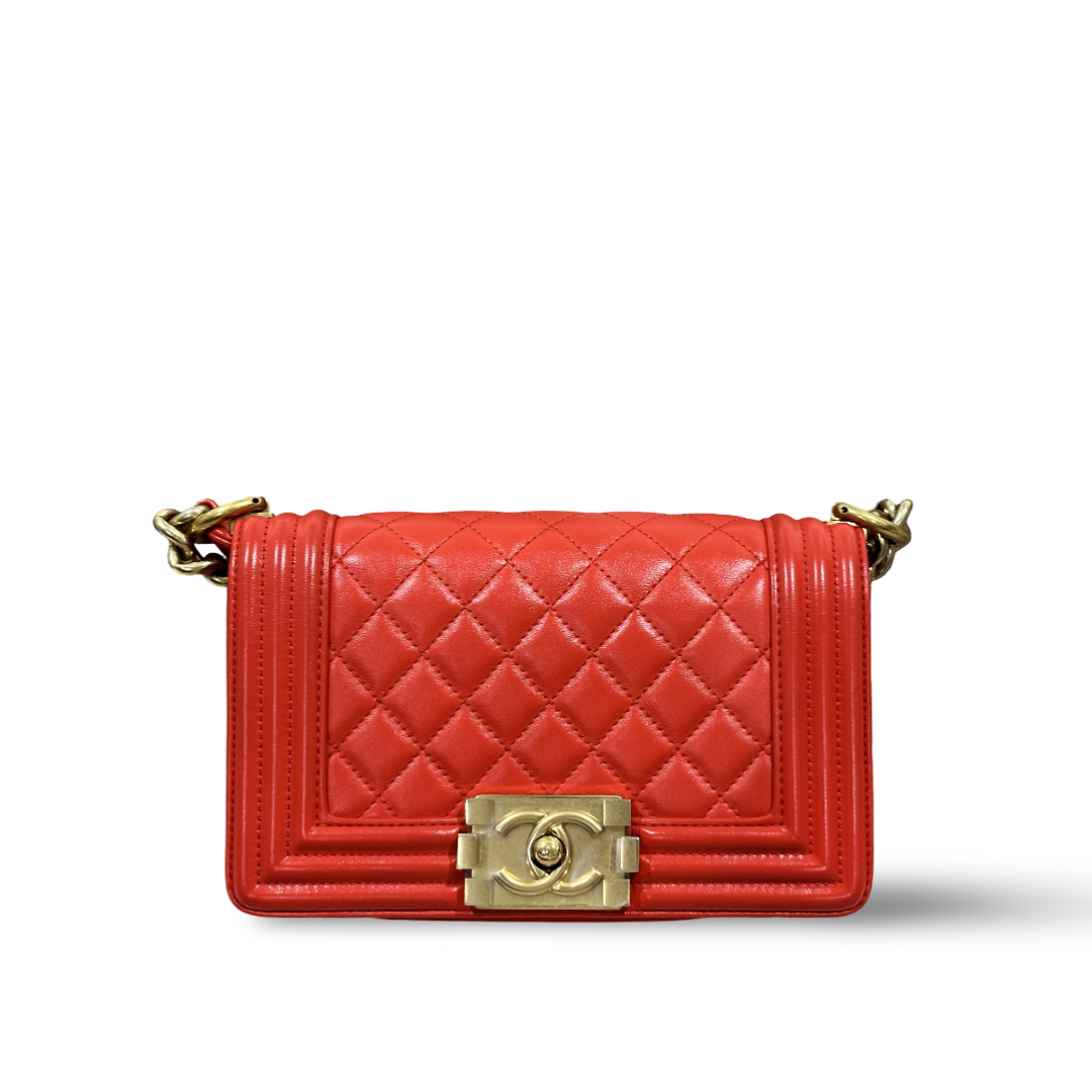 Chanel Classic Calfskin Quilted Small Boy Flap Orange Red