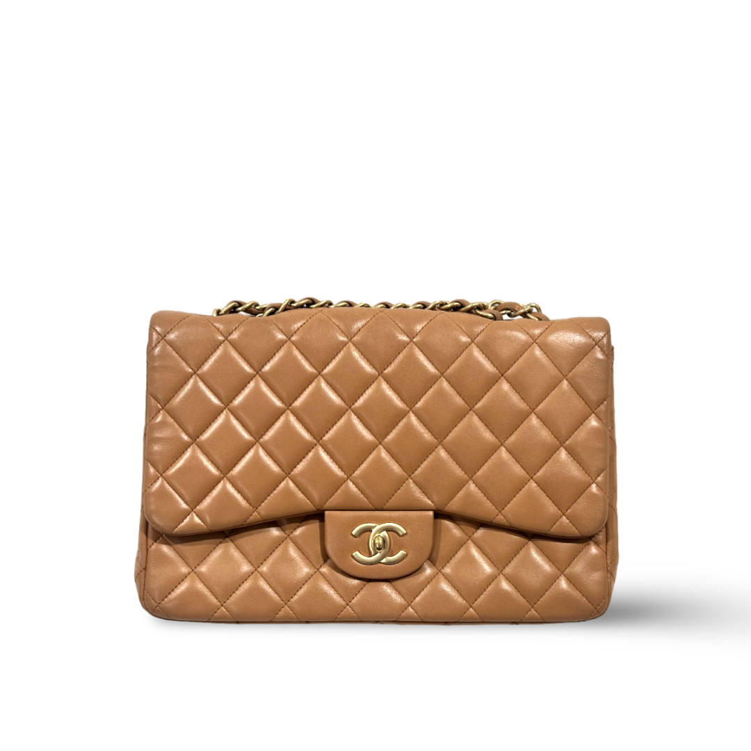 Chanel Classic Lambskin Quilted Jumbo Carmel Brown Double Flap