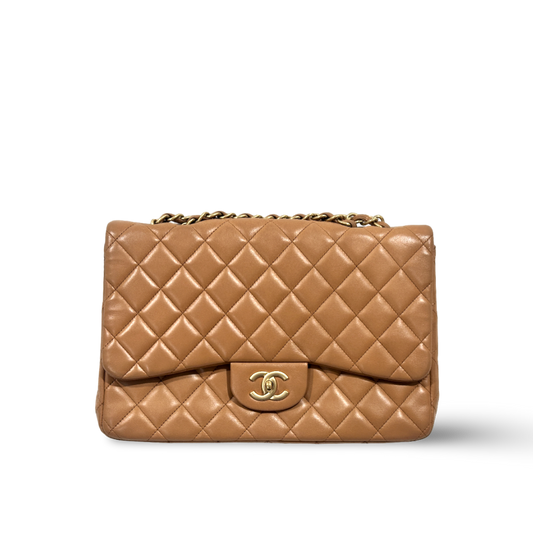 Chanel Classic Lambskin Quilted Jumbo Carmel Brown Double Flap