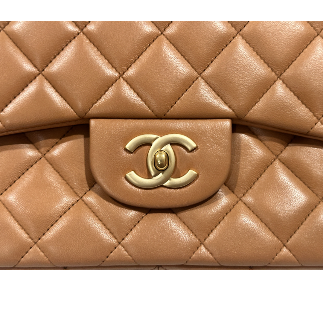 Chanel Classic Lambskin Quilted Jumbo Carmel Brown Double Flap