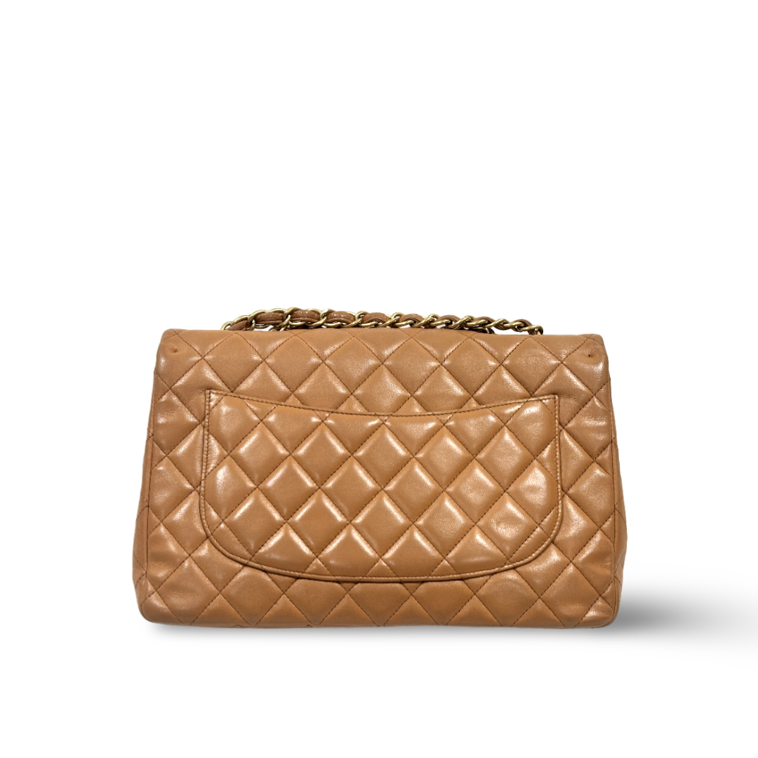 Chanel Classic Lambskin Quilted Jumbo Carmel Brown Double Flap