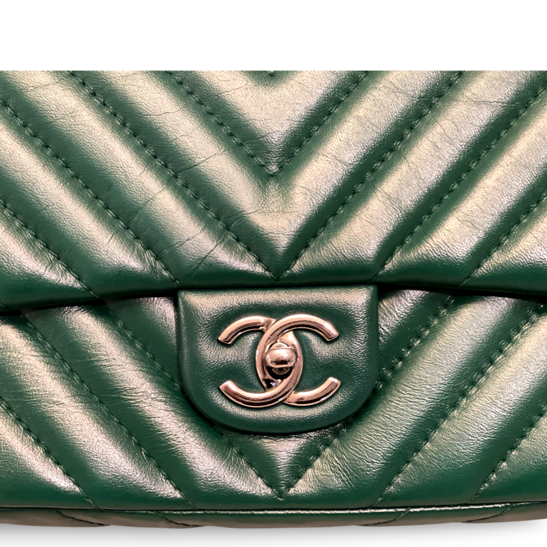 Chanl Chevron Calfskin Medium Rectangular Amazon Green Single Flap