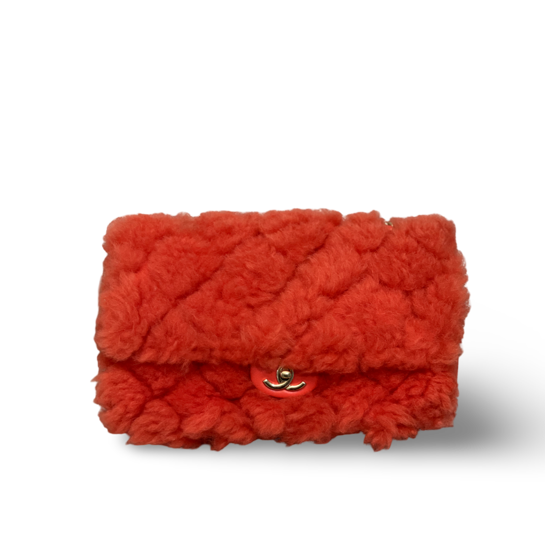 Chanel Classic Shearling Medium Orange Pink Single Flap