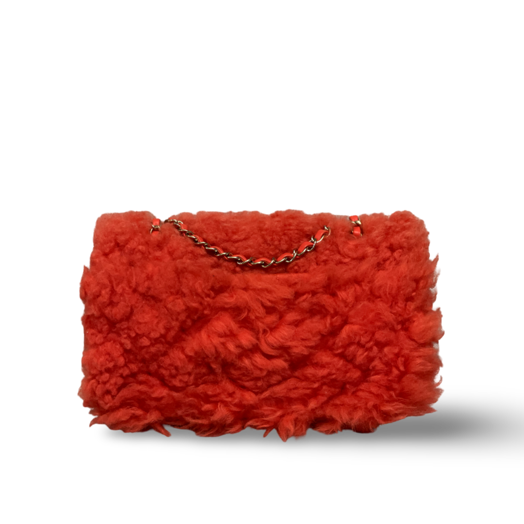 Chanel Classic Shearling Medium Orange Pink Single Flap