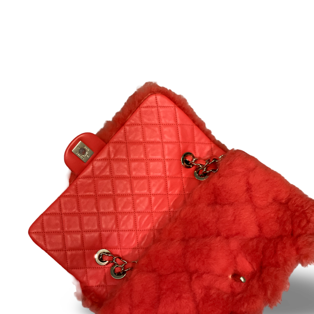 Chanel Classic Shearling Medium Orange Pink Single Flap