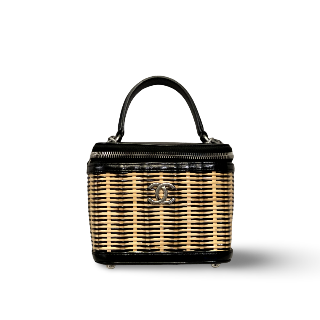 Chanel Glazed Calfskin Raffia Vanity Case Black Bag