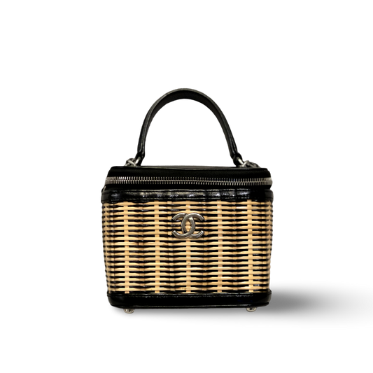 Chanel Glazed Calfskin Raffia Vanity Case Black Bag