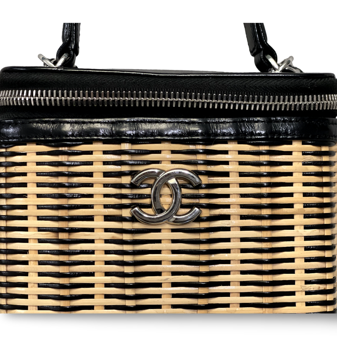 Chanel Glazed Calfskin Raffia Vanity Case Black Bag