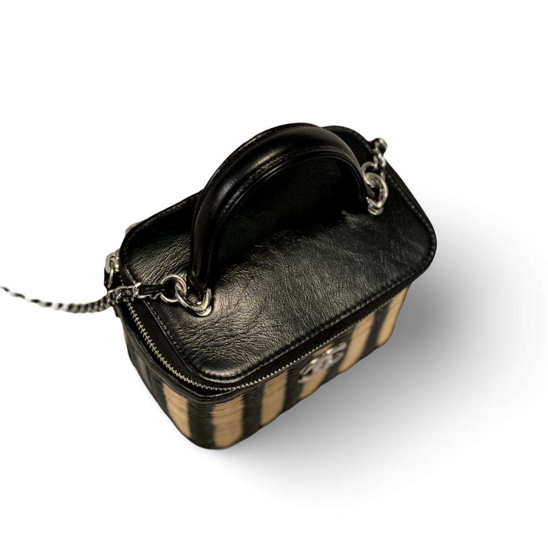 Chanel Glazed Calfskin Raffia Vanity Case Black Bag