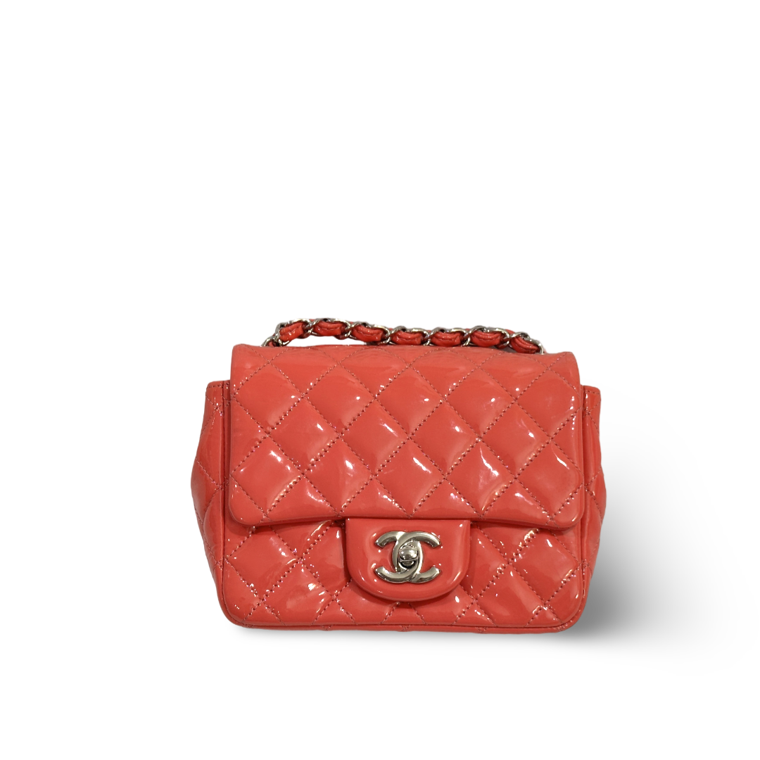 Chanel Classic Patent Quilted Mini Square Peach Pink Flap