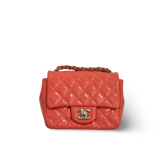 Chanel Classic Patent Quilted Mini Square Peach Pink Flap