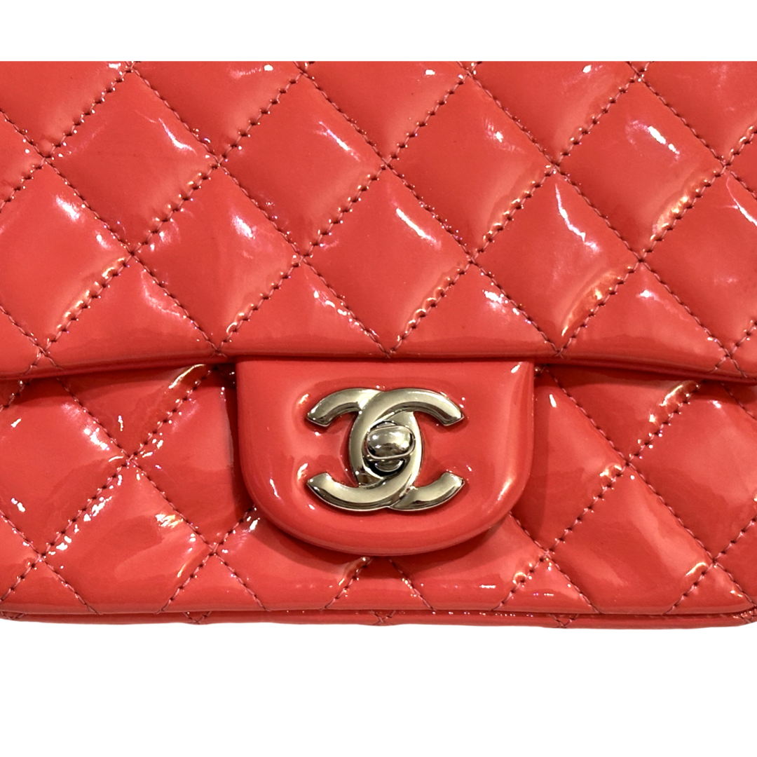 Chanel Classic Patent Quilted Mini Square Peach Pink Flap