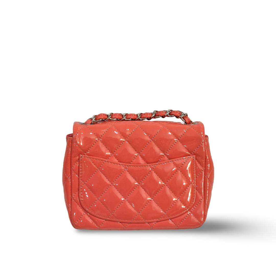 Chanel Classic Patent Quilted Mini Square Peach Pink Flap
