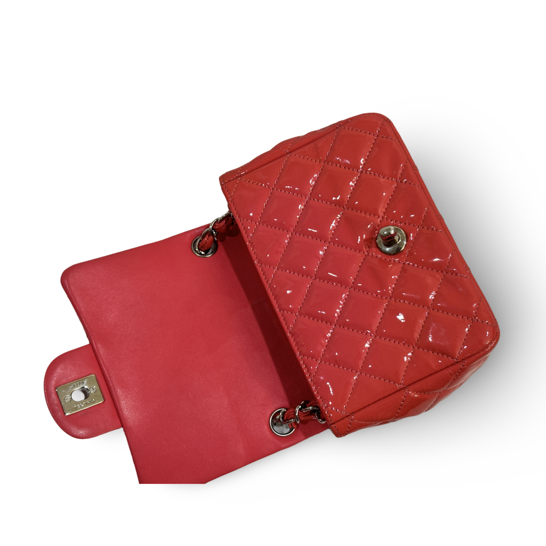 Chanel Classic Patent Quilted Mini Square Peach Pink Flap
