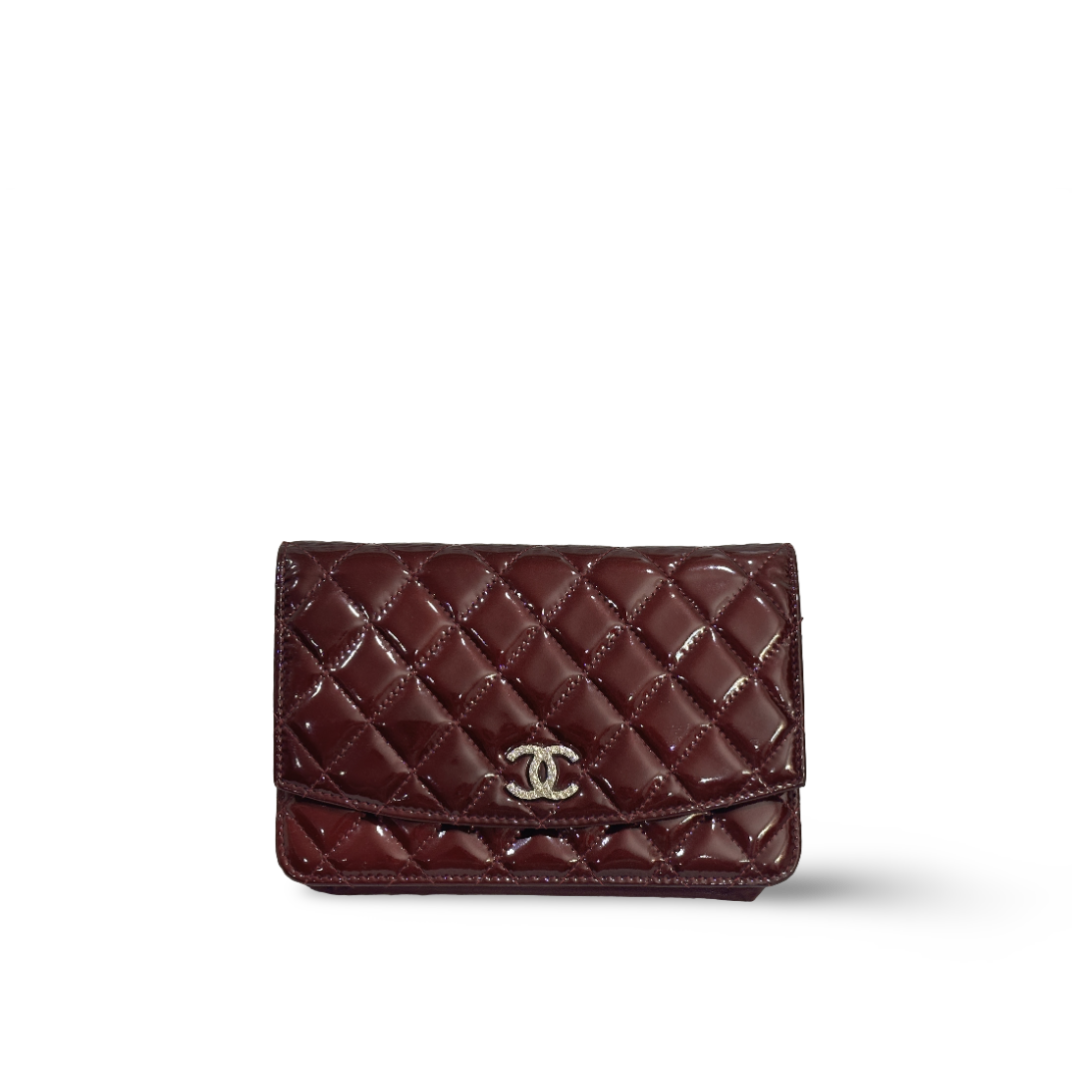 Chanel Patent Quilted Brilliant Wallet On Chain WOC Wine Red