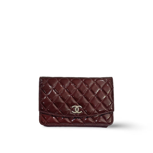 Chanel Patent Quilted Brilliant Wallet On Chain WOC Wine Red
