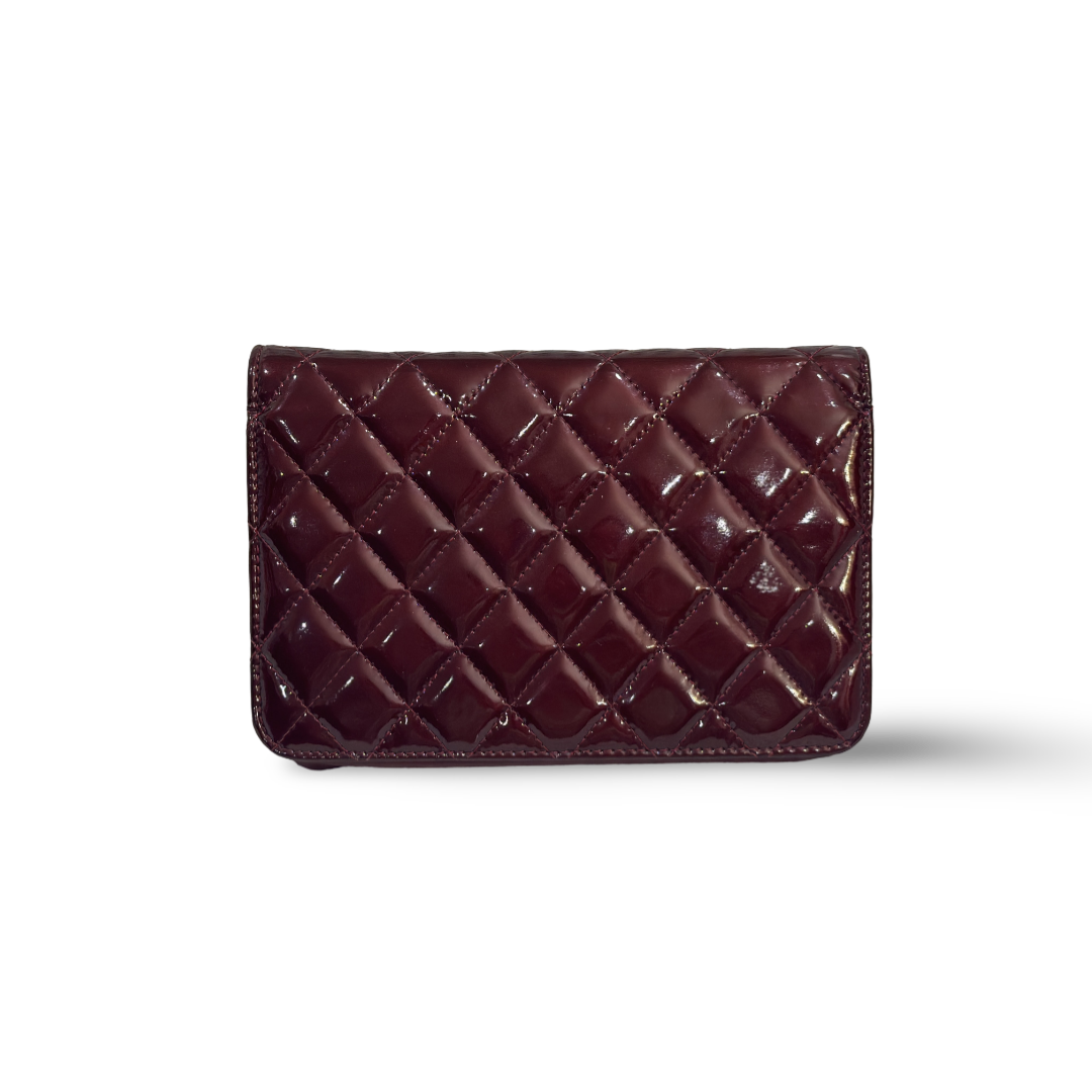 Chanel Patent Quilted Brilliant Wallet On Chain WOC Wine Red
