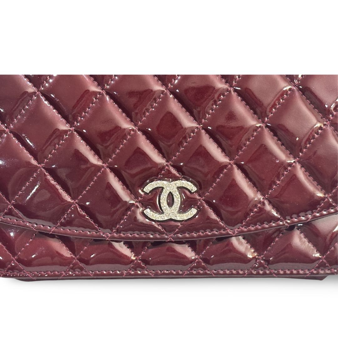 Chanel Patent Quilted Brilliant Wallet On Chain WOC Wine Red