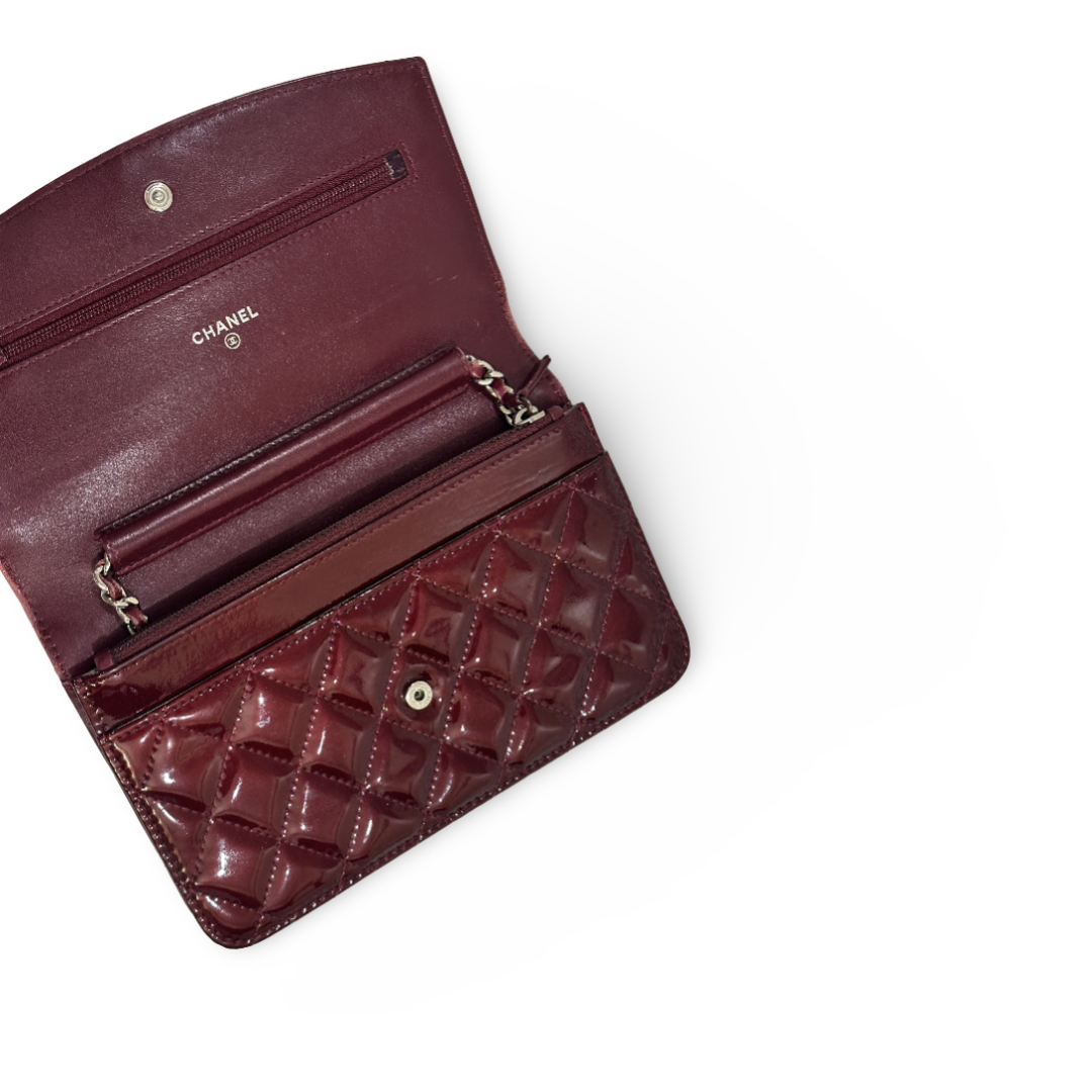 Chanel Patent Quilted Brilliant Wallet On Chain WOC Wine Red