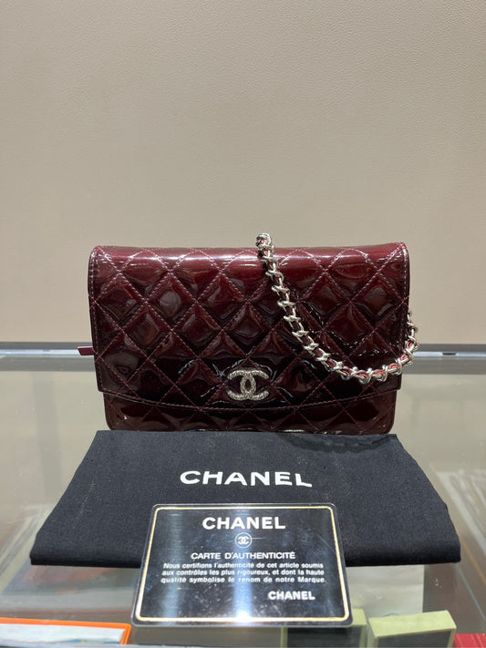 Chanel Quilted Patent Brilliant Wallet on Chain Bag- SHW / Burgundy