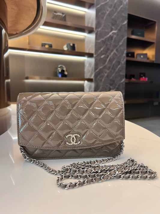 Chanel Quilted Patent Brilliant Wallet on Chain Bag- SHW / Brown