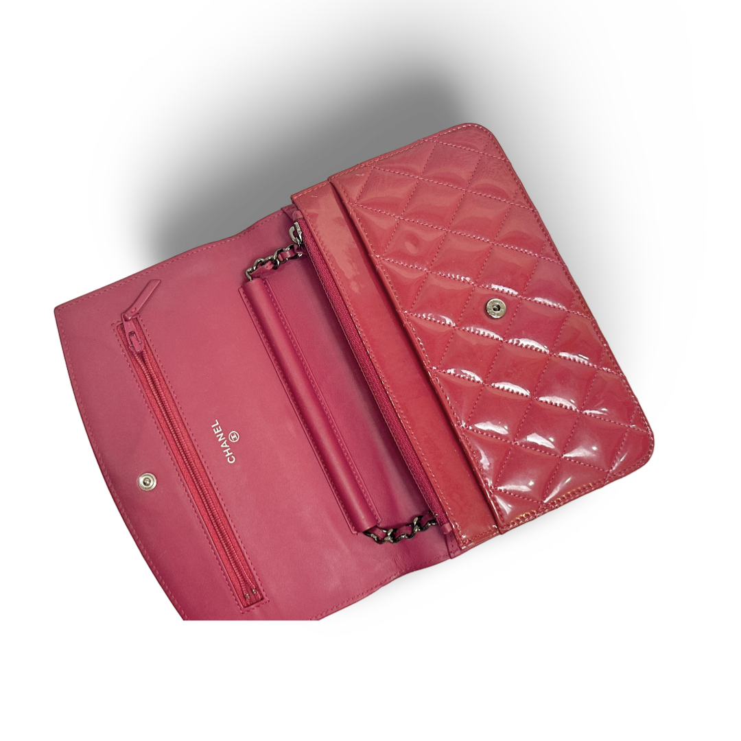 Chanel Patent Quilted Brilliant Wallet On Chain WOC Pink