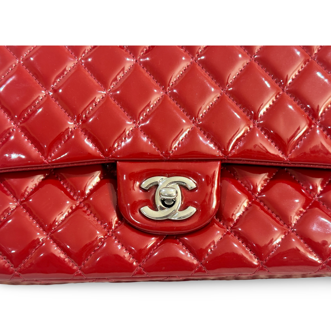 Chanel Classic Patent Quilted Medium Double Flap Red