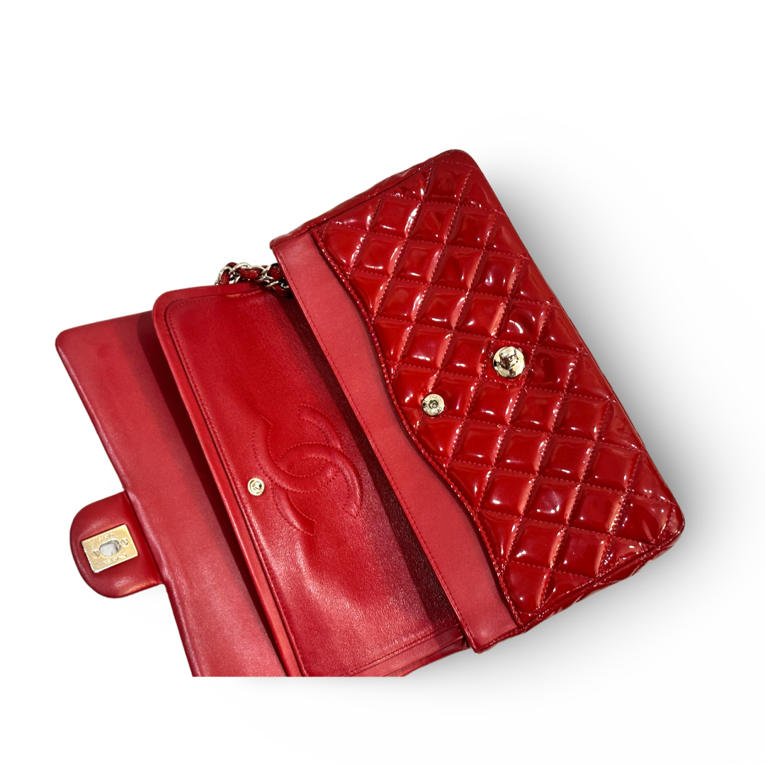 Chanel Classic Patent Quilted Medium Double Flap Red