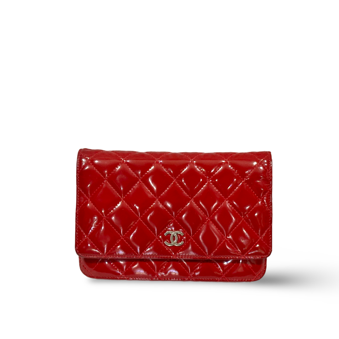 Chanel Classic Patent Quilted Wallet On Chain WOC Red