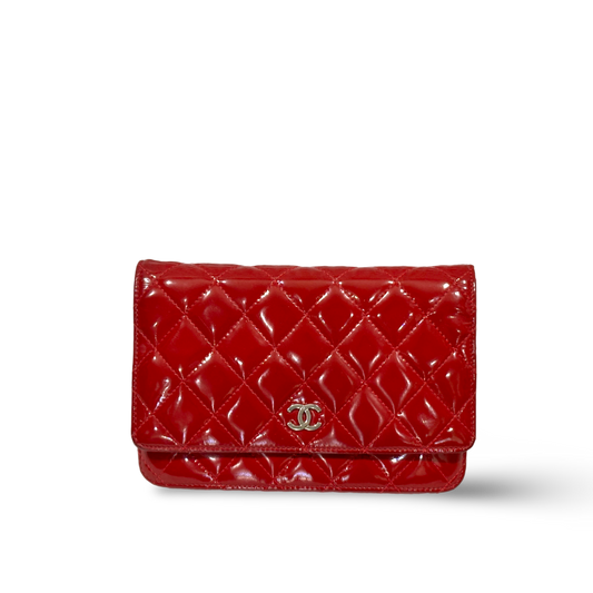 Chanel Classic Patent Quilted Wallet On Chain WOC Red
