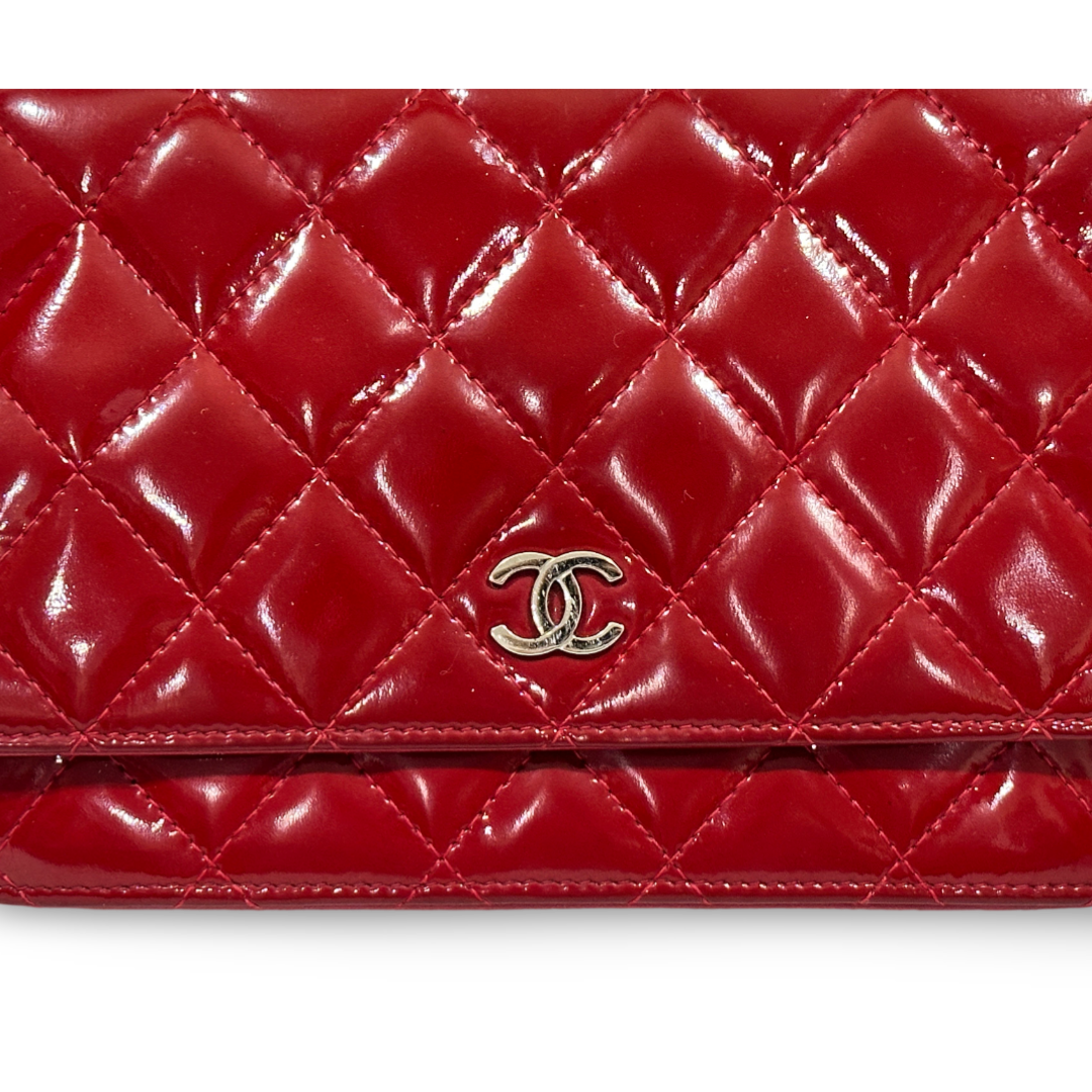 Chanel Classic Patent Quilted Wallet On Chain WOC Red