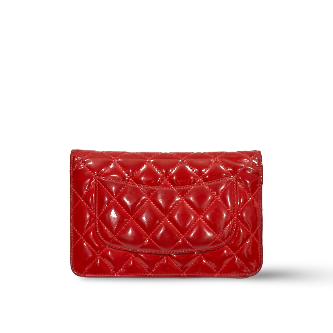 Chanel Classic Patent Quilted Wallet On Chain WOC Red
