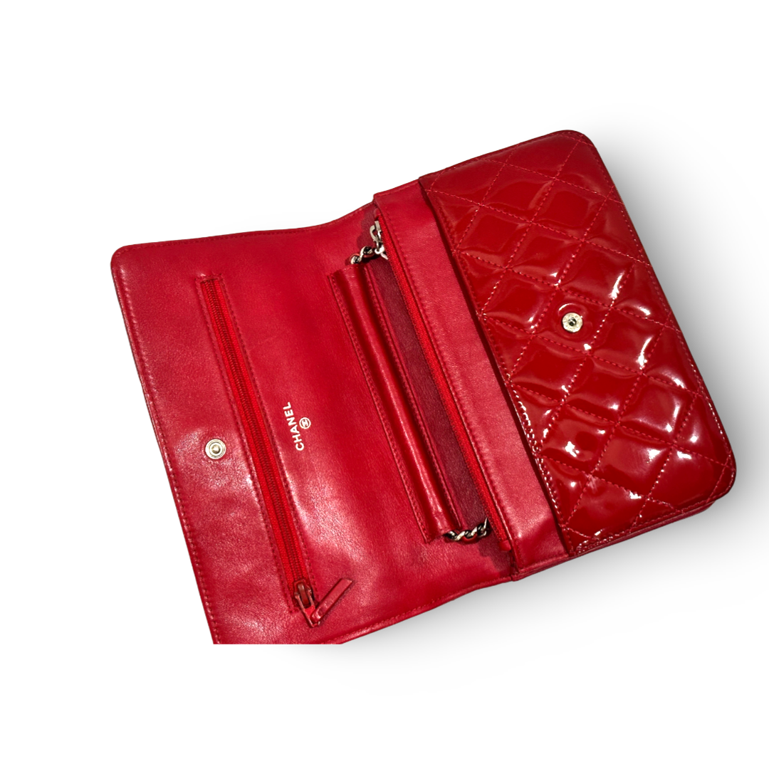 Chanel Classic Patent Quilted Wallet On Chain WOC Red