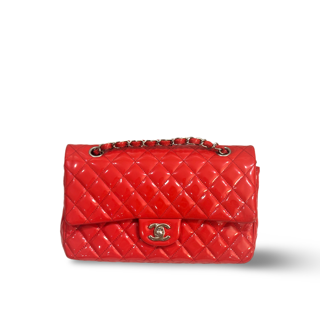 Chanel Classic Patent Quilted Medium Double Flap Peach Pink
