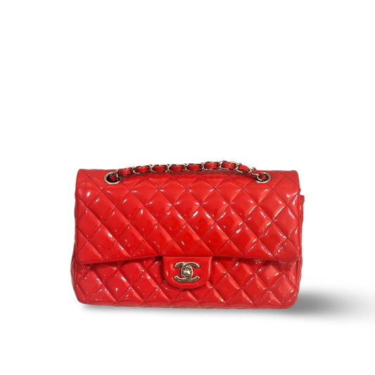 Chanel Classic Patent Quilted Medium Double Flap Peach Pink