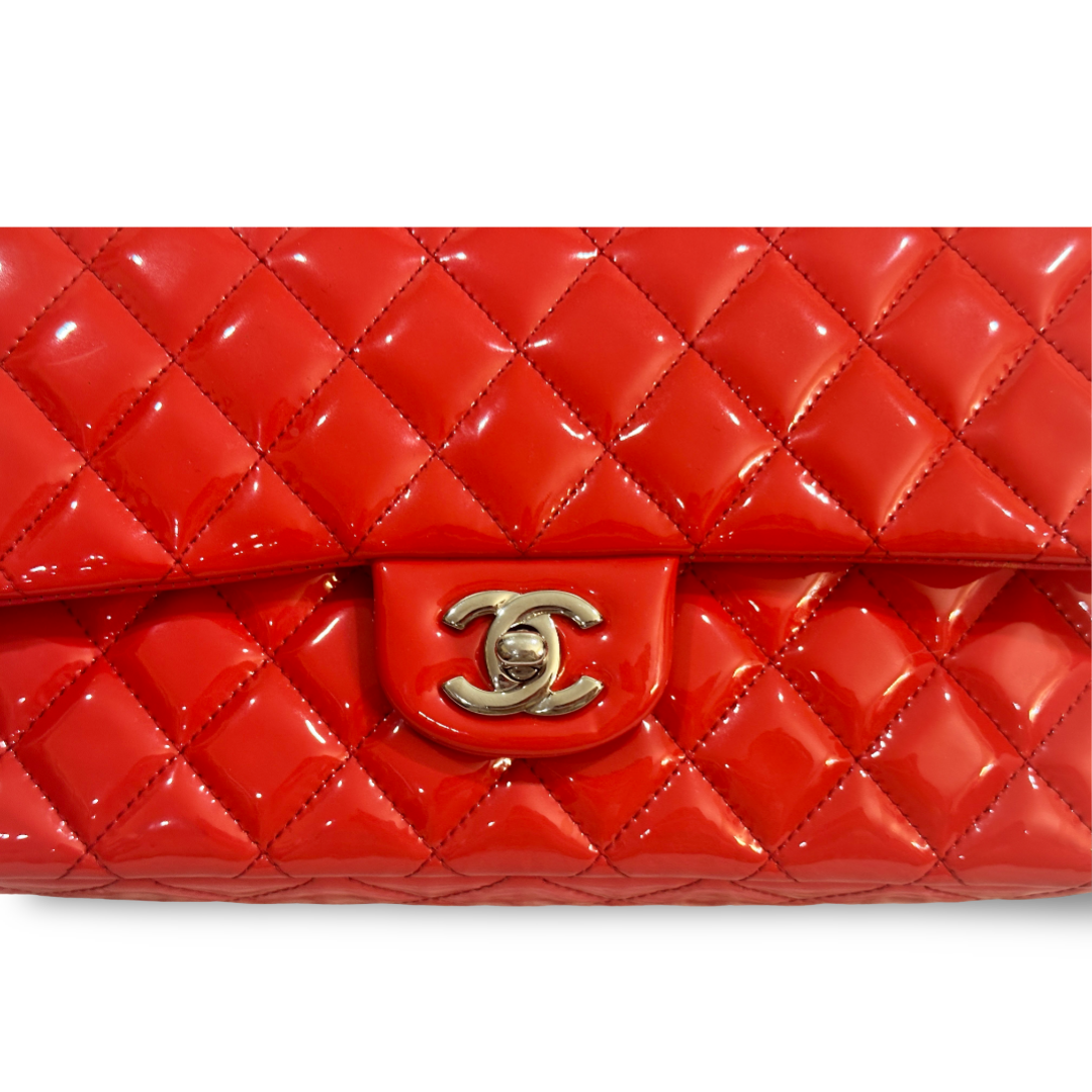 Chanel Classic Patent Quilted Medium Double Flap Peach Pink