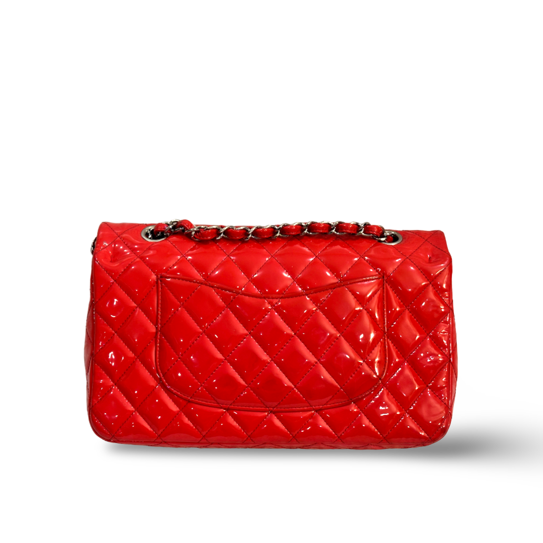 Chanel Classic Patent Quilted Medium Double Flap Peach Pink