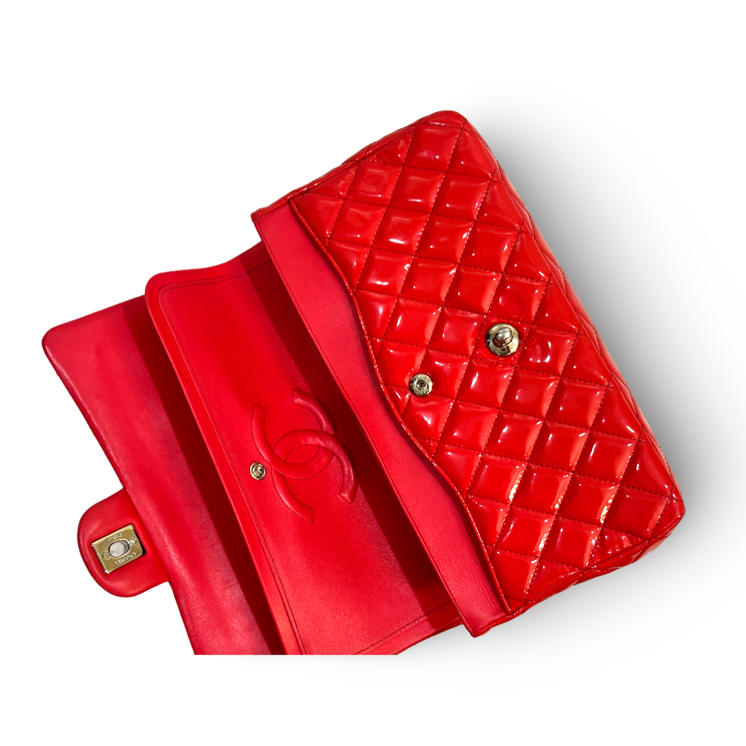 Chanel Classic Patent Quilted Medium Double Flap Peach Pink