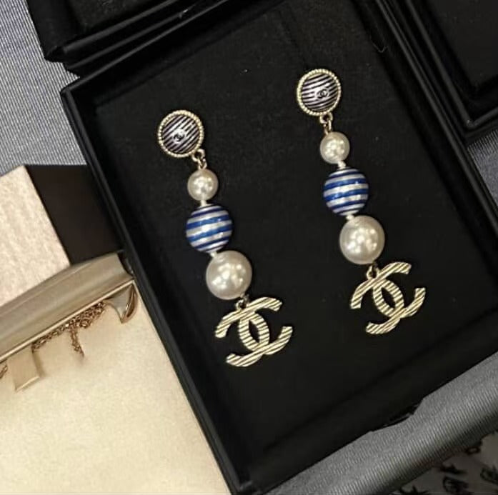 Chanel Resin Pearls Strpped CC Drop Earrings - GHW/ Blue