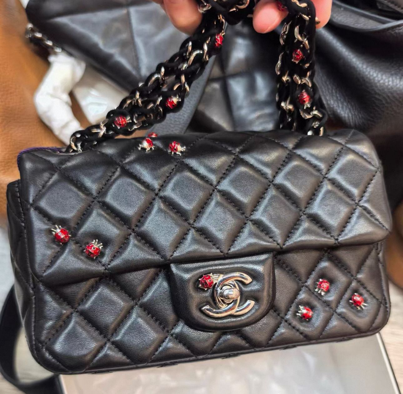 Chanel Quilted Lambskin Ladybug Mini Rectangular Single Flap Bag - SHW / Black