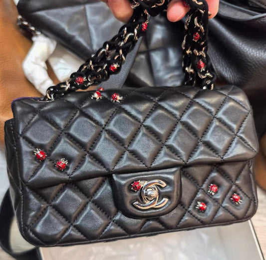 Chanel Quilted Lambskin Ladybug Mini Rectangular Single Flap Bag - SHW / Black