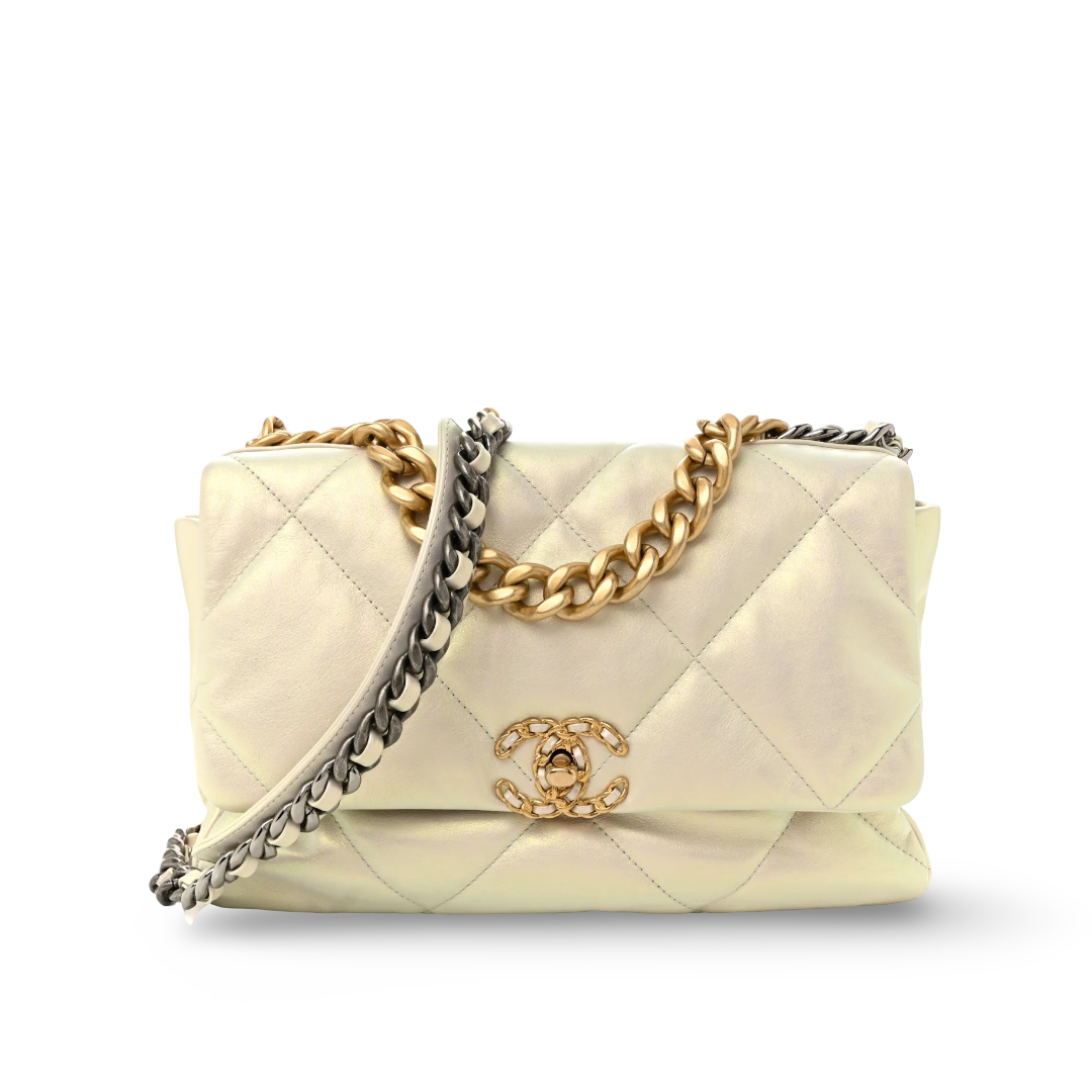 Chanel Quilted Calfskin Iridescent Medium 19Bag - GHW/White