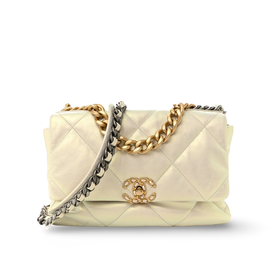 Chanel Quilted Calfskin Iridescent Medium 19Bag - GHW/White