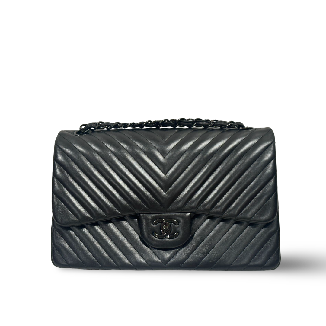 Chanel Chevron Lambskin Jumbo So Black Double Flap Black