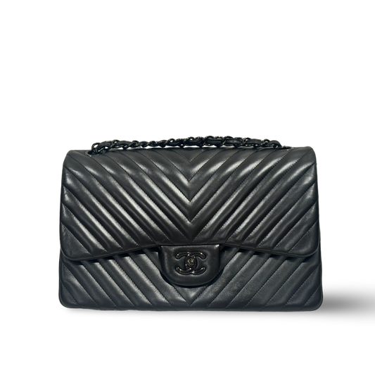Chanel Chevron Lambskin Jumbo So Black Double Flap Black