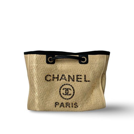 Chanel Straw Raffia Calfskin Chain Small Deauville Tote - GHW / Beige