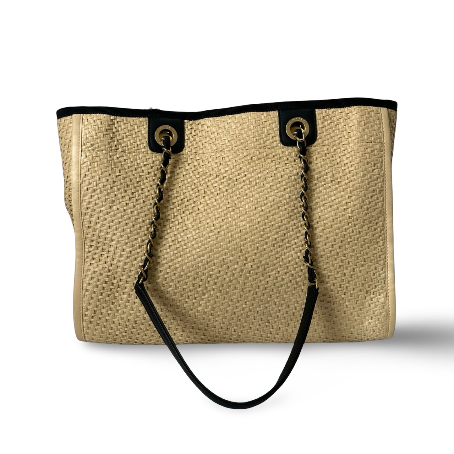 Chanel Straw Raffia Calfskin Chain Small Deauville Tote - GHW / Beige