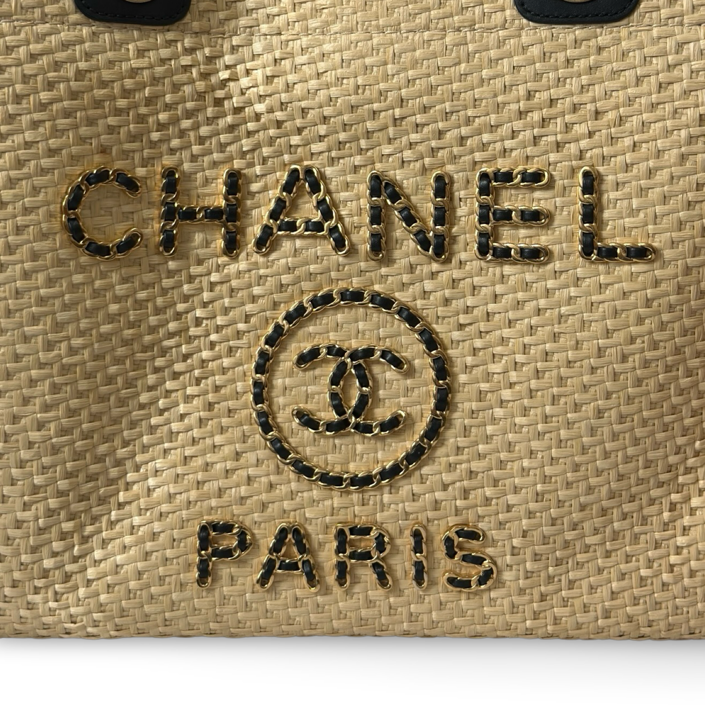 Chanel Straw Raffia Calfskin Chain Small Deauville Tote - GHW / Beige